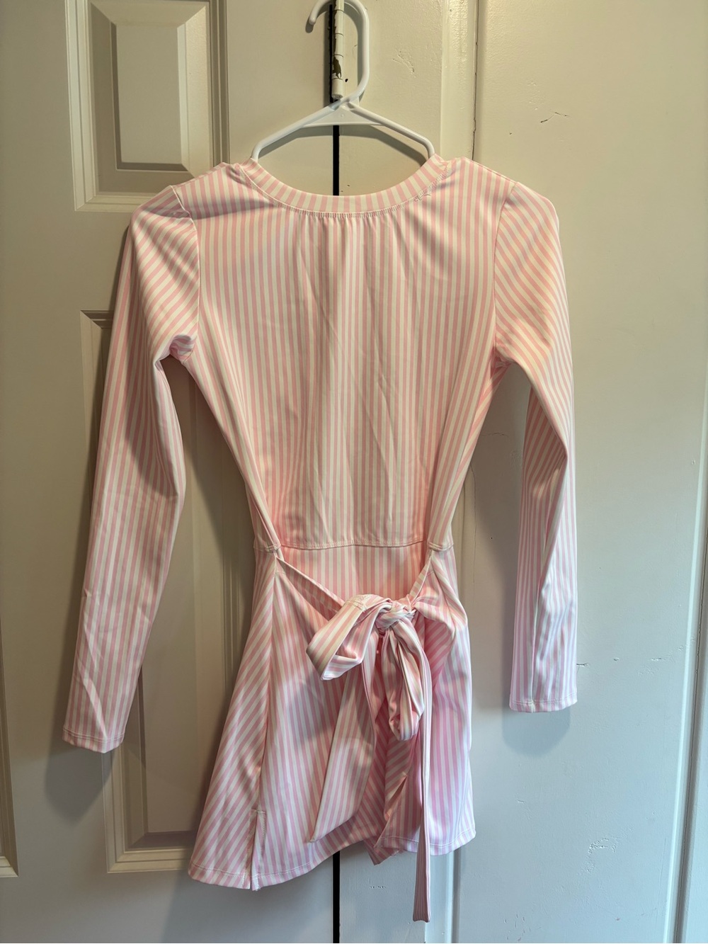 Pink & White Striped Tie-Back Long Sleeve Athletic dress